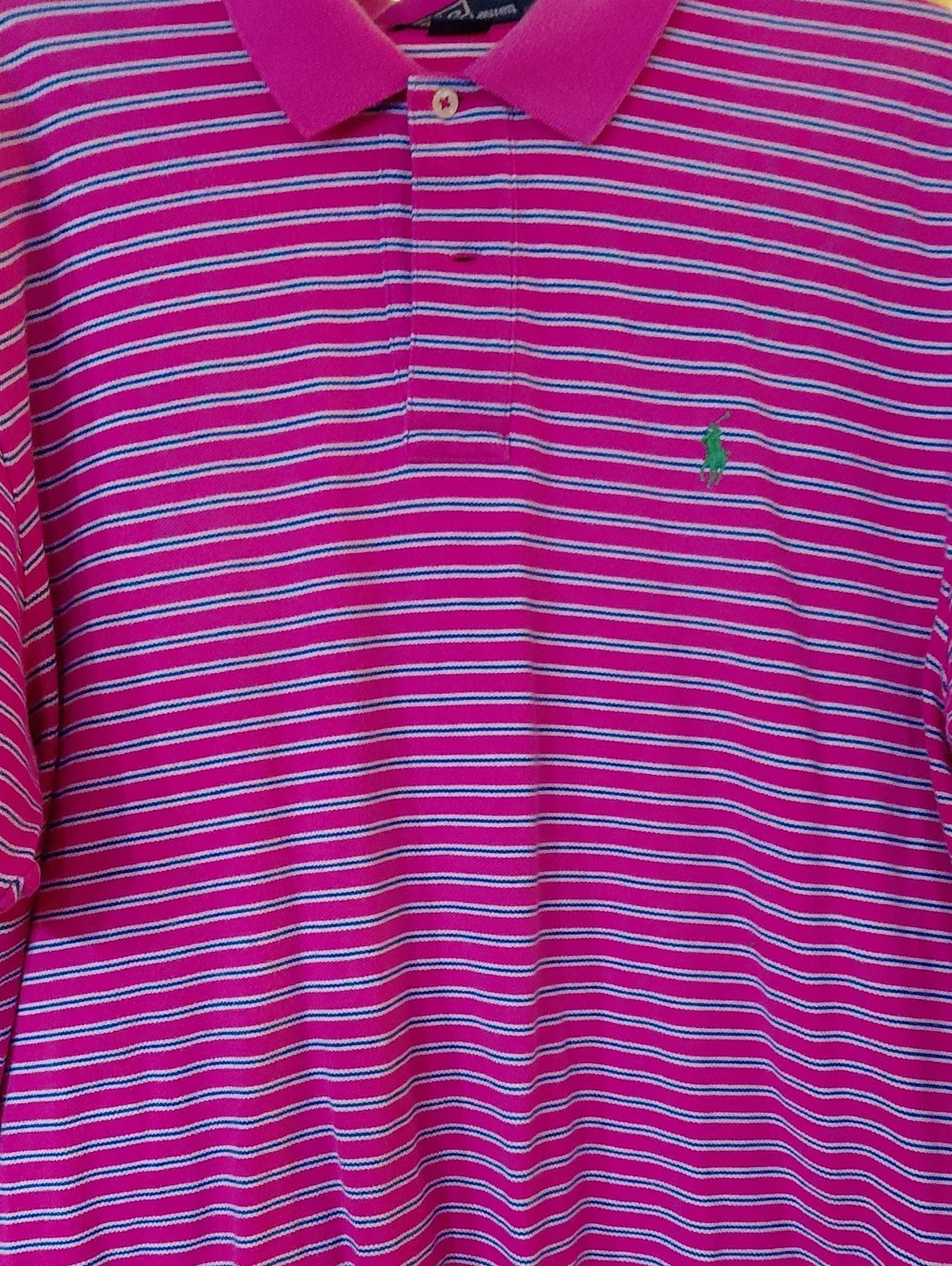 Ralph Lauren Hot Pink Striped Polo with Green Pony Size Xl